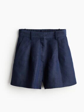 H&M Navy Linen Blend Pleated Shorts